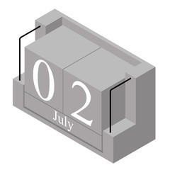 July 2nd date on a single day calendar. Gray wood block calendar present date 2 and month May isolated on white background. Holiday. Season. Vector isometric illustration