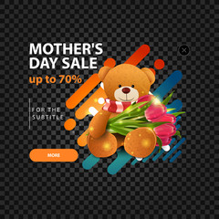 A pop-up template for a site with a discount in honor of mother's day with Teddy bear with a bouquet of tulips