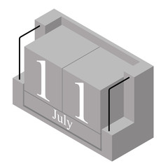 July 11th date on a single day calendar. Gray wood block calendar present date 11 and month May isolated on white background. Holiday. Season. Vector isometric illustration