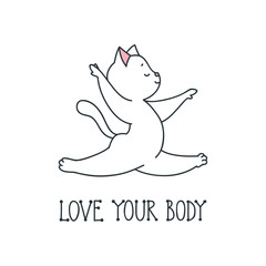 Love your body. Illustration of cute white cat doing stretching exercises on white background. Vector 8 EPS.