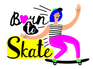 Girl riding skateboard. Active hobby vector illustration. Activity girl, ride skate, skateboarder extreme