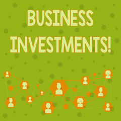 Word writing text Business Investments. Business photo showcasing act of committing money or capital to an endeavor Online Chat Head Icons with Avatar and Connecting Lines for Networking Idea