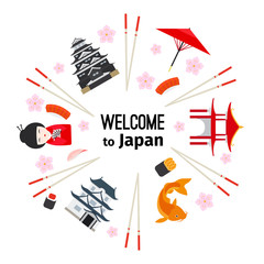 Japanese symbols round emblem isolated on white background, with carp fish, temples and oriental umbrella, vector illustration