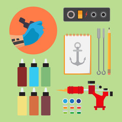 Paints and tools for tattooing flat vector set on light green background