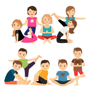 Boys and girls groups in yoga poses vector illustration