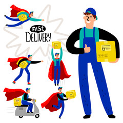 Fast delivery courier vector collection, superhero delivery man with box icon set
