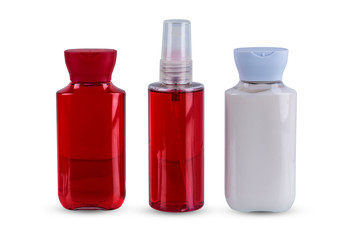 collection of various beauty cosmetic hygiene containers plastic bottle with body moisturising isolated on white background