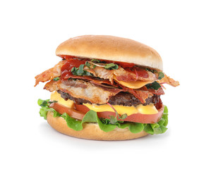 Tasty burger with bacon isolated on white