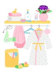 Fototapeta na wymiar Bathroom accessories, hygiene items, bathrobe, laundry basket vector illustration. Bathroom hygiene, hairdryer and towel