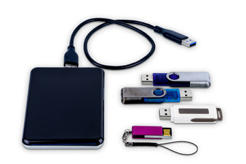 Group of Portable usb memory or USB flash drive and External 2.5'' hard drive HDD with USB Cable port isolated
