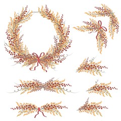 Vector floral set. Floral wreath. Spring or summer design for wedding invitation. Leafs, flowers and berries composition.