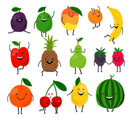 Fruits for kids. Cute fruit characters vector illustration, healthy juice cartoon kawaii summer fruits isolated on white background
