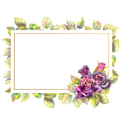 Flowers of dark roses, green leaves, composition in a geometric Golden frame. The concept of the wedding flowers. Rectangular frame. Flower poster, invitation. Watercolor compositions for the design