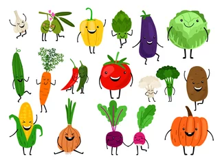 Photo sur Aluminium Des légumes Légumes pour les enfants. Légumes de dessin animé mangeant pour l& 39 enfant, personnages de légumes mignons drôles, carotte riante kawaii saine citrouille souriante, ensemble d& 39 icônes vectorielles