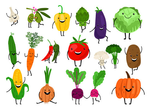Vegetables for kids. Cartoon vegetables eating for child, funny cute veggies characters, kawaii healthy laughing carrot smiling pumpkin, vector icons set