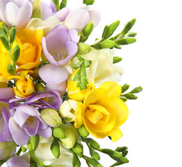 Obraz premium Bouquet of fresh freesia flowers isolated on white, top view