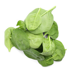 Pile of fresh spinach leaves isolated on white, top view