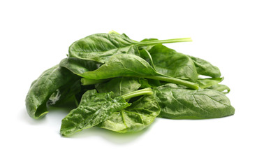 Pile of fresh spinach leaves isolated on white