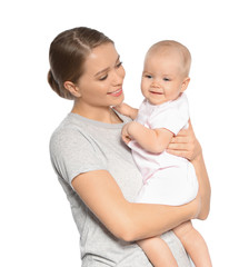 Portrait of happy mother with her baby isolated on white