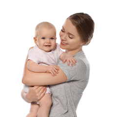 Portrait of happy mother with her baby isolated on white
