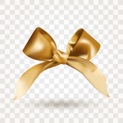 Golden elegant satin bow with knot isolated on transparent background. Realistic vector illustration. Element for design - obrazy, fototapety, plakaty