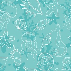 Seamless pattern with seashells, corals, jellyfishes, seahorses and starfishes. Marine background. Perfect for greetings, invitations, wrapping paper, textile, wedding and web design.