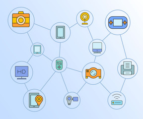 gadget and electronic device network diagram in blue background