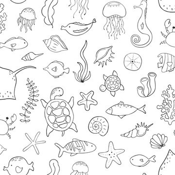 Seamless pattern with cartoon marine items. Vector illustration.