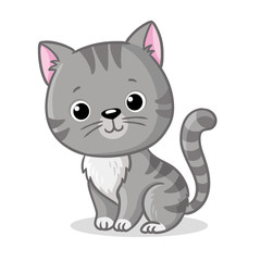Gray kitten sitting on a white background. Cute pet in cartoon style. - 263047400