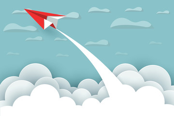 paper airplane red fly up to the sky between cloud natural landscape go to target. startup. leadership. concept of business success. creative idea. illustration vector cartoon