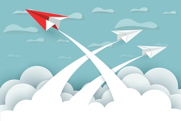 Red paper plane changing direction from white up to the sky. new idea. different business concepts. Courage to risk. leadership. illustration cartoon vector
