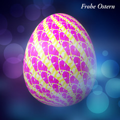 Happy Easter - Frohe Ostern, Artfully designed, abstract and colorful easter egg, 3D illustration on background with bokeh and light leaks