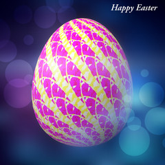 Happy Easter - Frohe Ostern, Artfully designed, abstract and colorful easter egg, 3D illustration on background with bokeh and light leaks