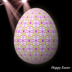 Happy Easter - Frohe Ostern, Artfully designed, abstract and colorful easter egg, 3D illustration on background with bokeh and light leaks