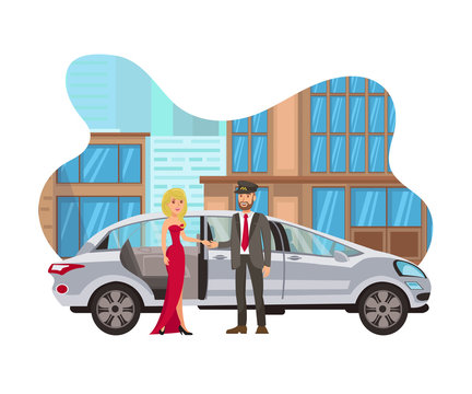 woman in red dress with car and driver