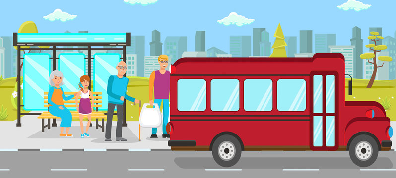 Bus Stop Public Transport Vector Flat Illustration