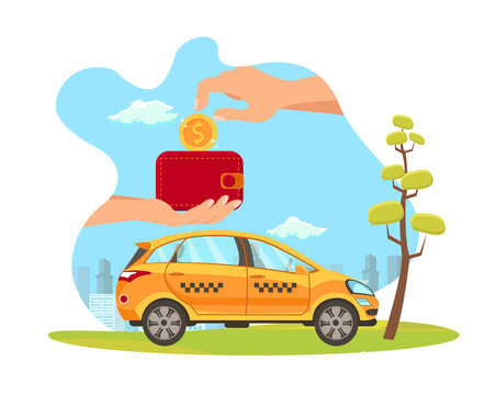 yellow taxi car with red wallet and coin clip art preview