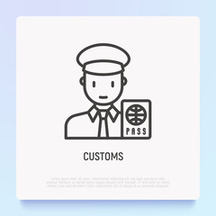 Customs thin line icon: officer checking passport. Modern vector illustration.