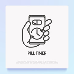 Pill timer, health mobile app thin line icon. Modern vector illustration.