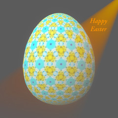 Happy Easter - Frohe Ostern, Artfully designed, abstract and colorful easter egg, 3D illustration on background with bokeh and light leaks