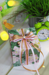 Gift box with ribbon bow and decoration handmade