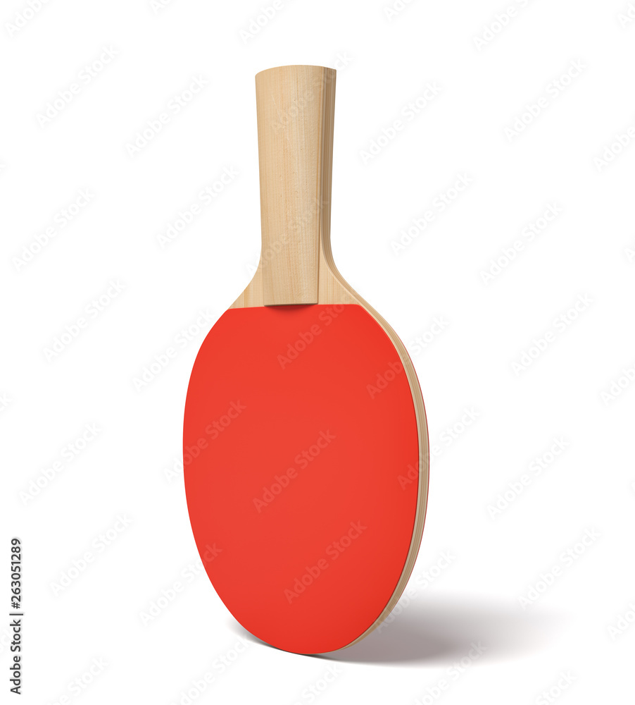 Poster 3d close-up rendering of ping pong racket with wooden handle and red rubber on white background.