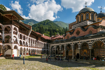 The Orthodox Rila Monastery, a famous tourist attraction and cultural heritage monument in the Rila Nature Park mountains in Bulgaria