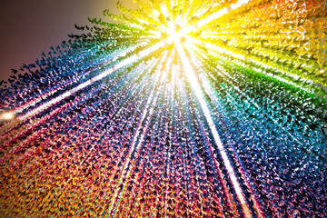 Colorful paper birds hanging together on sunlight through window ceiling. 