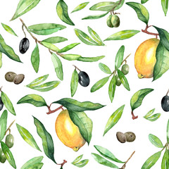 watercolor pattern with lemons and olives