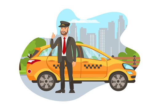yellow taxi driver thumbs up city scene clip art preview