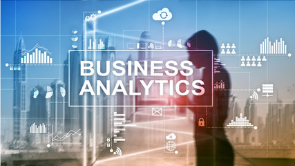 Business analytics concept on double exposure background.