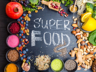 Super food selection. Various super foods and healthy foods, Detox, Fiber rich food
