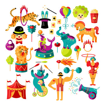 Circus. Vector illustration set with circus tent, animals, celebratory objects. Flat and outline style design element isolated on white background for baby birthday party, patch, sticker, invitation.