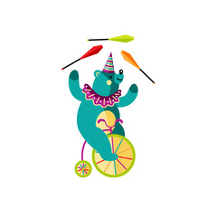 Cute bear on bicycle is juggling. Circus performancer vector illustration isolated on white background. Flat style design element for birthday party, invitation, t-shirt design, flyer, baby shower.